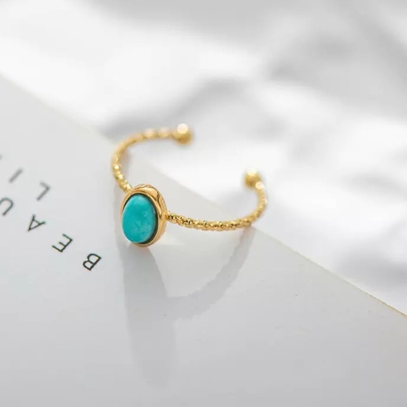 Turquoise Veined Stone Gold Twist Ring Adjustable Band - Picture 1 of 6